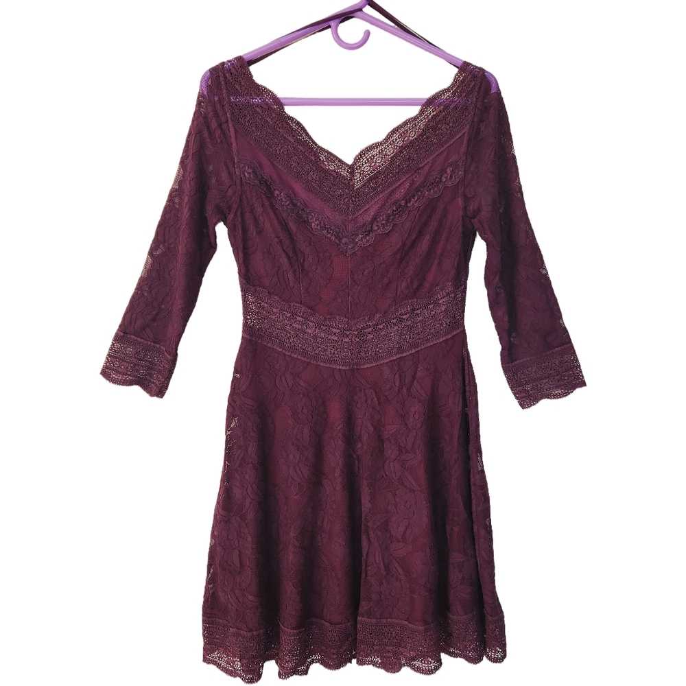 Free People Lace Burgundy Party Event Dress Peekaboo Lace Cocktail Sz M - Picture 8 of 9